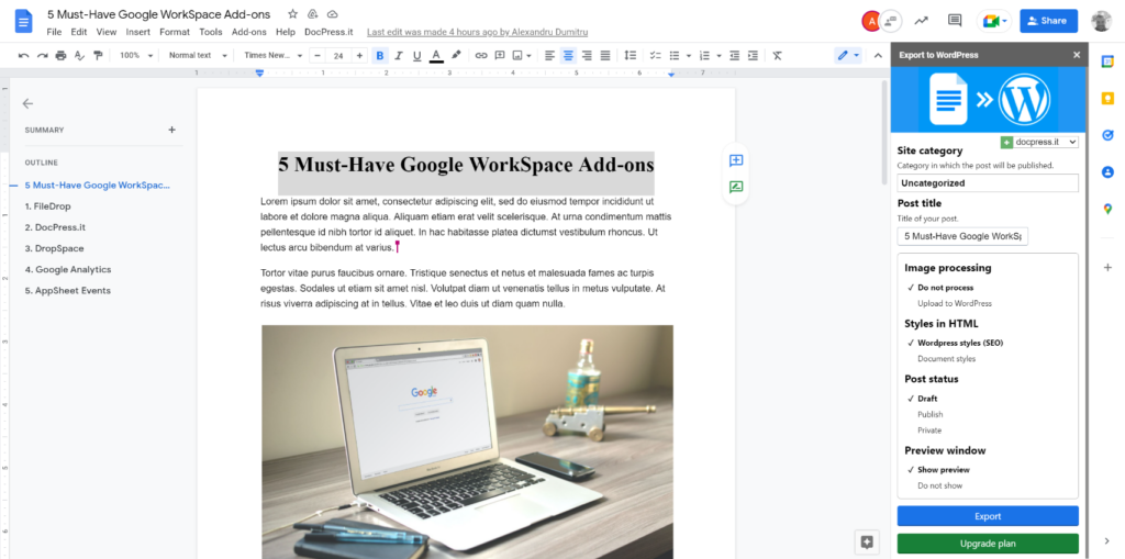 export google docs to wordpress