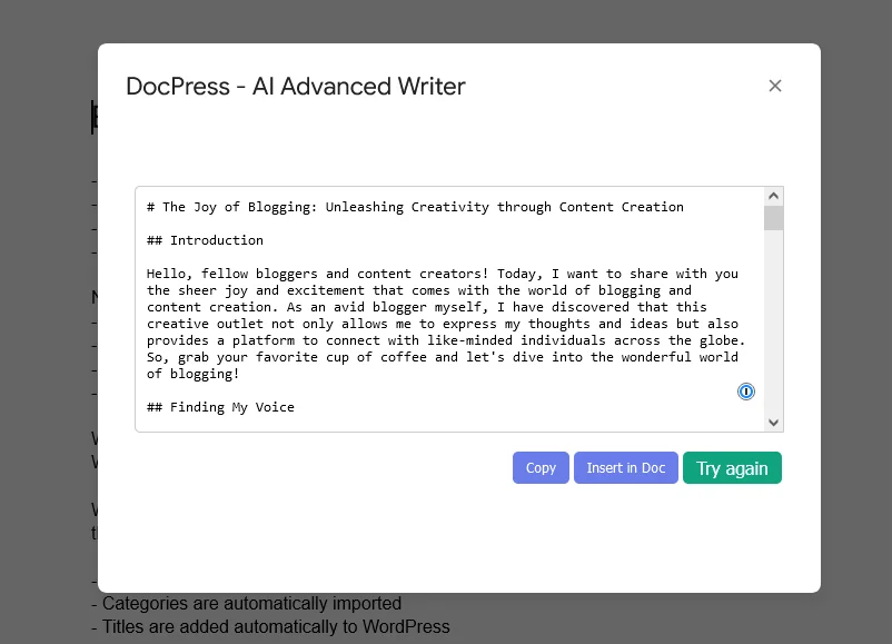 Docpress AI Advanced Writer result
