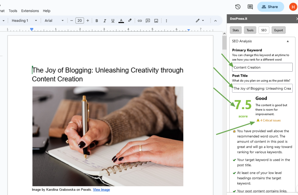 Docpress SEO Analyis in google docs
